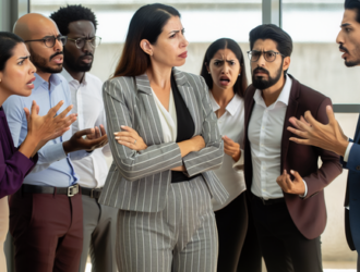 A distressed group of people confronting a business executive