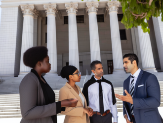 A group of plaintiffs discussing their case outside the court