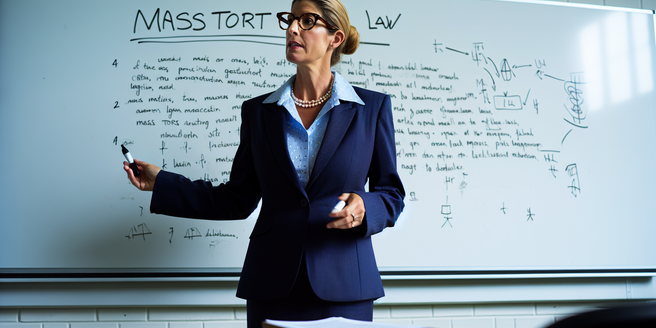 A law professor elaborating on principles of mass tort law using a whiteboard