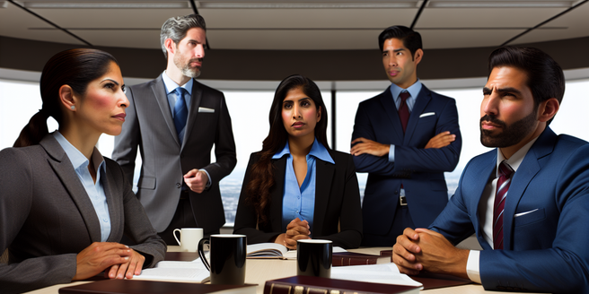 A photo of office workers in formal attire, engaged in a serious discussion, indicating corporate decisionmaking.