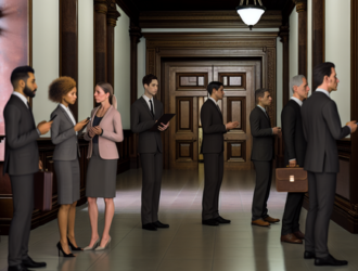 A scene showing a few corporate leaders representing the defendants in a case, standing in a court hallway