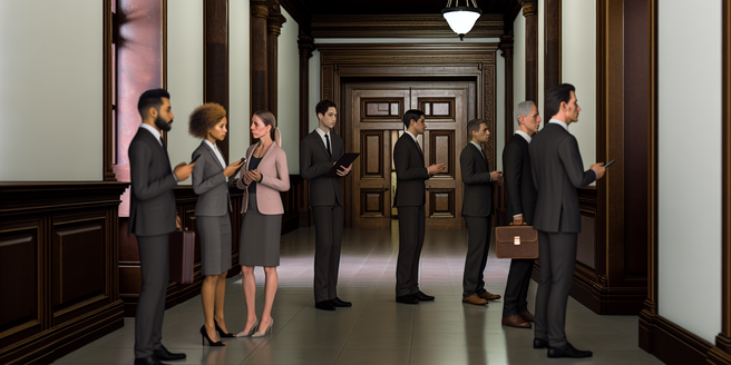 A scene showing a few corporate leaders representing the defendants in a case, standing in a court hallway