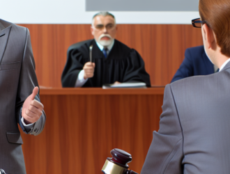 A courtroom scene with a car manufacturer representative and a consumer