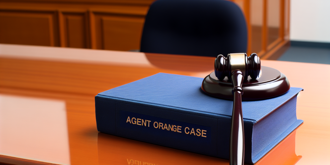 A gavel on a courtroom table with a blue tome titled Agent Orange Case