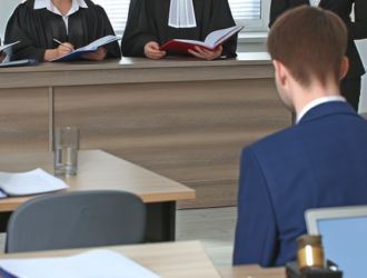 A group of individuals in a courtroom during a litigation process