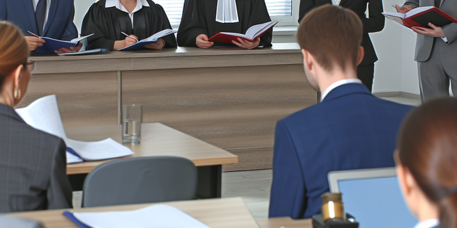 A group of individuals in a courtroom during a litigation process