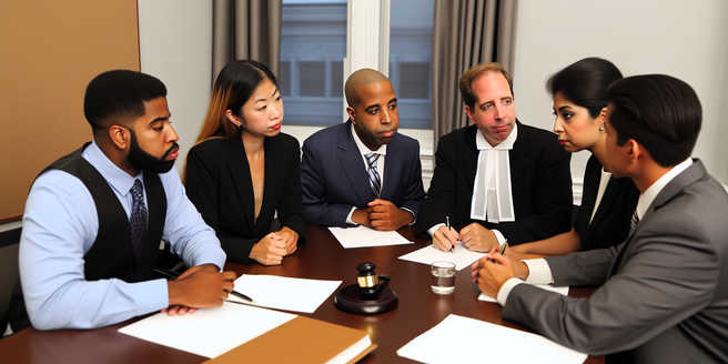 A group of lawyers discussing a case together in a serious, professional setting