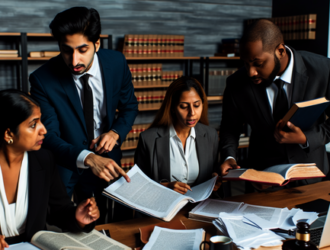 A group of legal professionals discussing a mass tort case