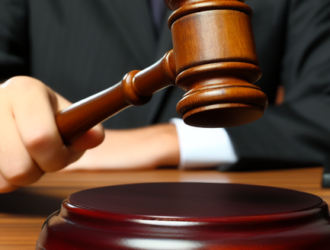A judge hammering a gavel in a courtroom