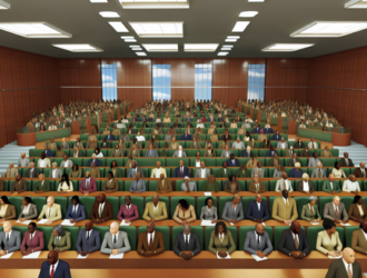 A large courtroom filled with numerous plaintiffs.