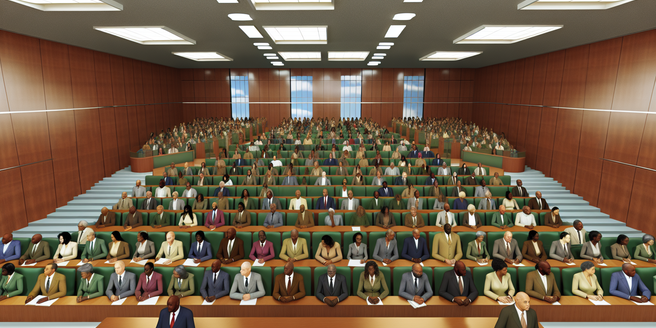 A large courtroom filled with numerous plaintiffs.