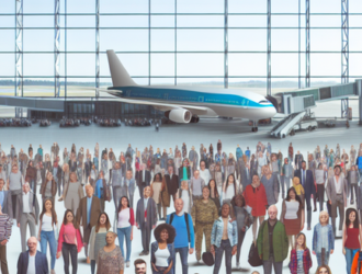 A large group of individuals at an airport terminal, showcasing extensive air travel