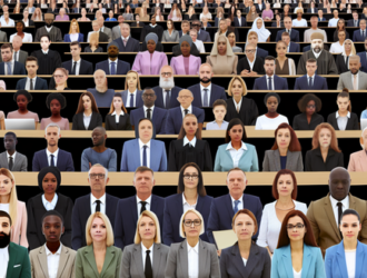 A large group of individuals gathered in a courtroom