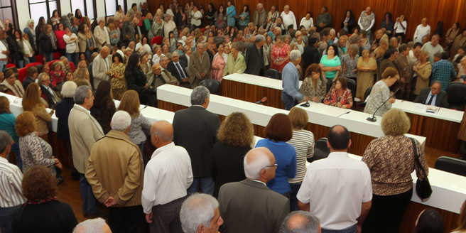 A large group of people congregating in a courtroom