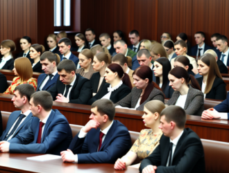 A large group of people sitting in a courtroom