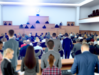 A large group of plaintiffs in a courtroom