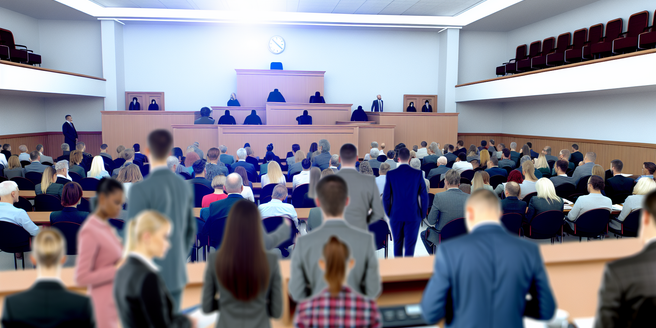 A large group of plaintiffs in a courtroom