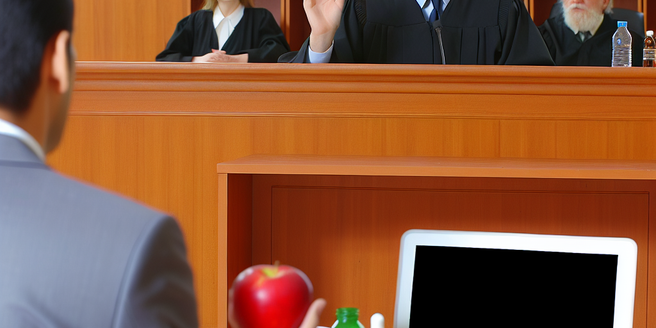 A lawyer in a courtroom addressing the judge about a pharmaceutical case