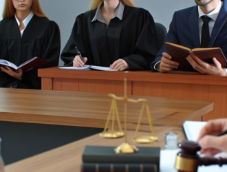 A legal proceeding in courtroom with a group of people