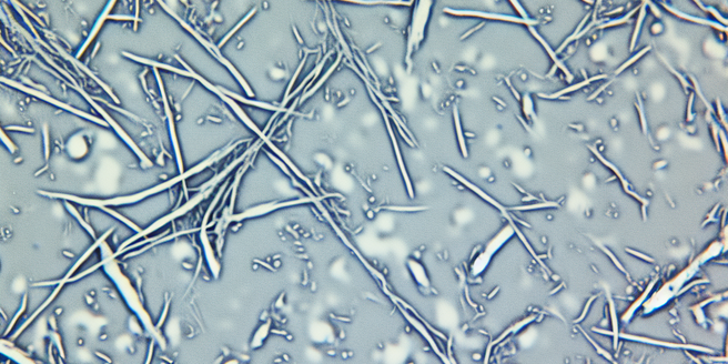 A microscopic view of asbestos fibers.