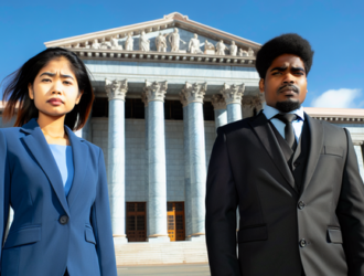 A plaintiff and a defendant standing in front of a court building