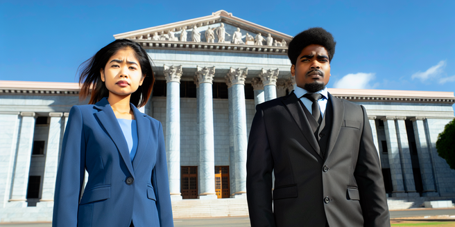 A plaintiff and a defendant standing in front of a court building