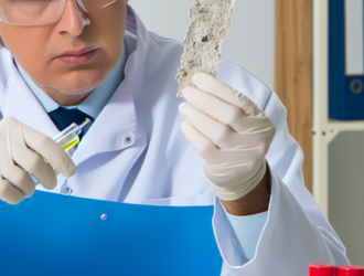 A scientist in a lab studying samples of asbestos