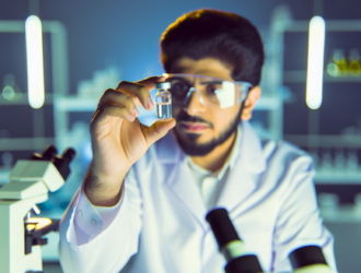 A scientist in lab coat holding a vial of benzene