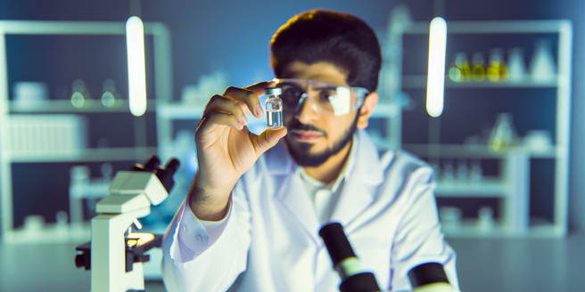 A scientist in lab coat holding a vial of benzene