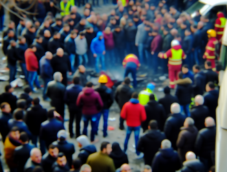 A snapshot of a crowd gathered around a propane explosion site.