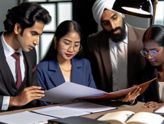 A team of professionals analyzing a legal document thoroughly