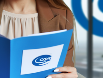 A woman reading some legal documents with a corporate logo in the background