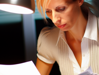 A woman scrutinizing financial documents under a desk lamp