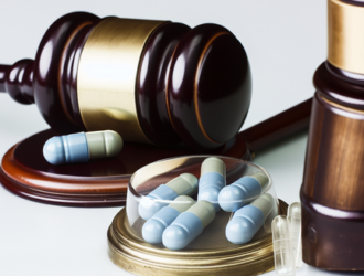 An antique judges gavel and a bottle of pills suggesting a pharmaceutical lawsuit