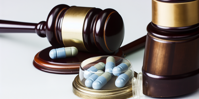 An antique judges gavel and a bottle of pills suggesting a pharmaceutical lawsuit