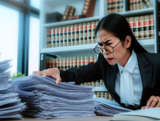 An attorney meticulously examining a pile of mass tort settlement documents