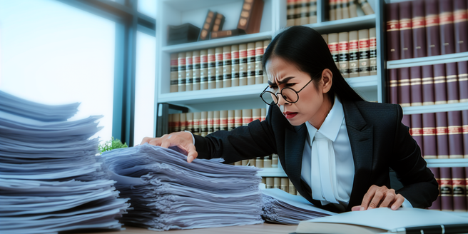 An attorney meticulously examining a pile of mass tort settlement documents