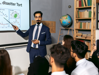 An environmental scientist giving a presentation on disaster tort