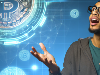 An individual looking amazed with the 3D visualization of digital cryptocurrencies on a screen