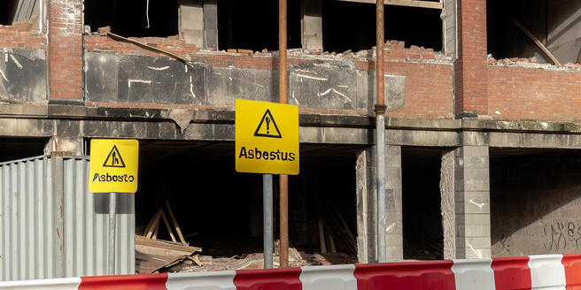 An old building under construction with visible asbestos signs