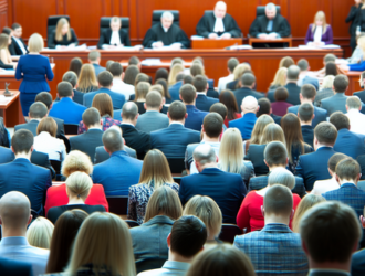 An overview of a packed courtroom during a mass tort litigation