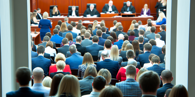 An overview of a packed courtroom during a mass tort litigation