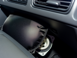 Closeup view of the interior of a car showing the airbag compartment