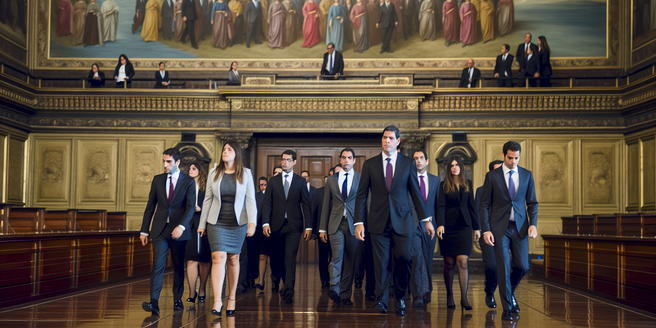 Corporate executives entering a courtroom