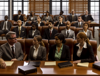 In an official setting, a group of corporate representatives being questioned by lawyers