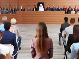 Large group of people facing a small team in the courtroom