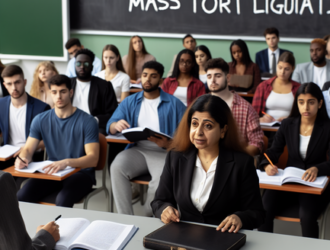Law students learning about mass tort litigation in a lecture hall