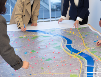 People studying a large map of an urban area, marking sites of environmental concern