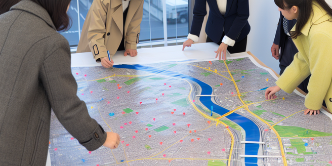 People studying a large map of an urban area, marking sites of environmental concern