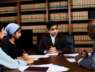 Plaintiffs and corporate defendants in a discussion in a law office